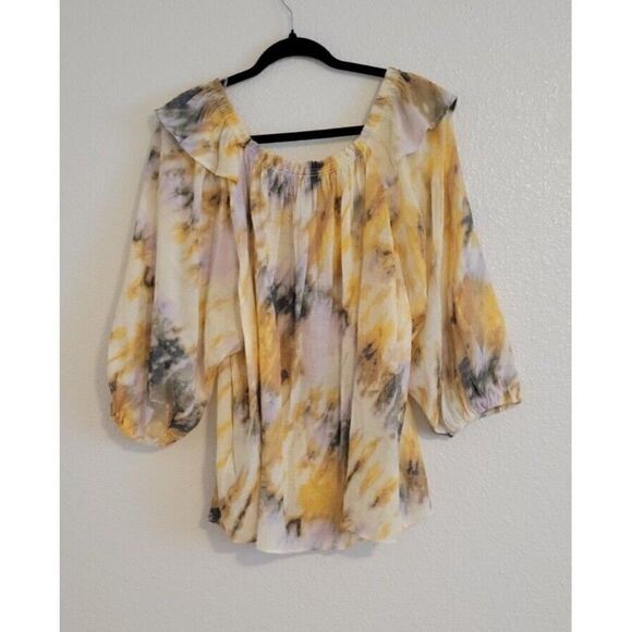 Zac and Rachel Women's Watercolor Print Ruffle 3/4 Sleeve Top Yellow Size 1X - Picture 8 of 10